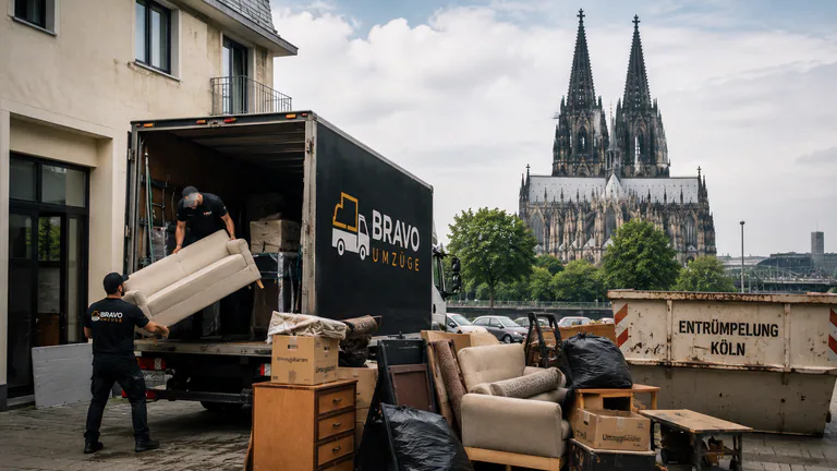 Zwei Helfer laden ein Sofa in den Umzugswagen, daneben ein Container mit der Aufschrift Entrümpelung Köln, im Hintergrund der Dom