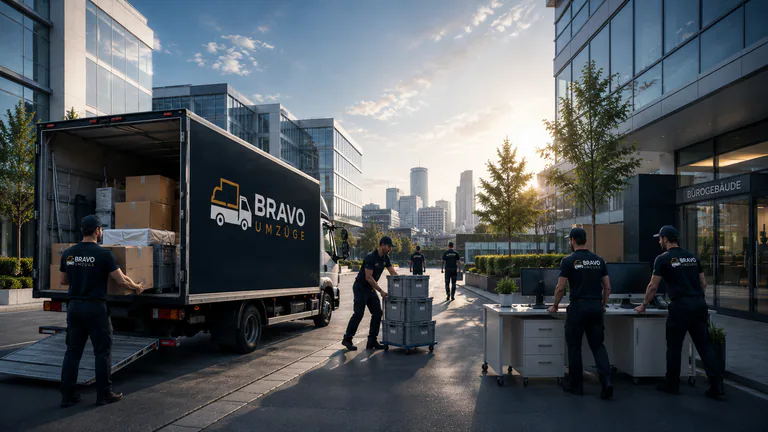 Umzugsteam mit Rollboxen und Schreibtischen vor Bürogebäuden, Umzugswagen mit Bravo-Aufschrift