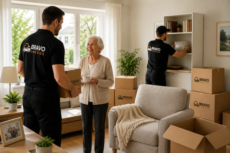 Seniorin im Gespräch mit einem Umzugshelfer, im Hintergrund Umzugskartons und ein Sessel
